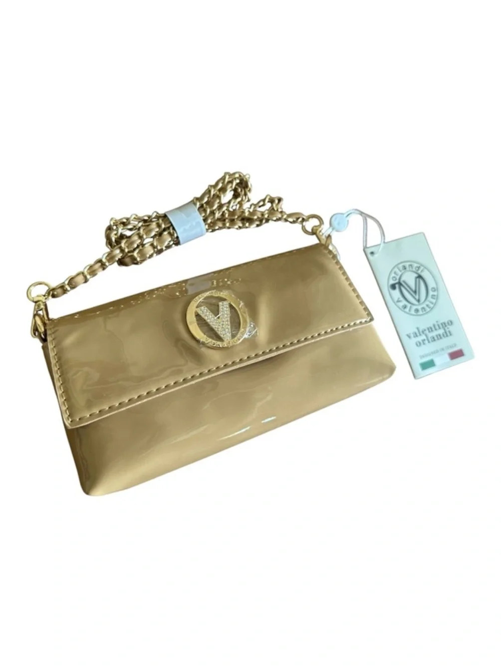 Valentino Orlandi NWT Beige Taupe Patent Leather Chain Clutch Crossbody Bag